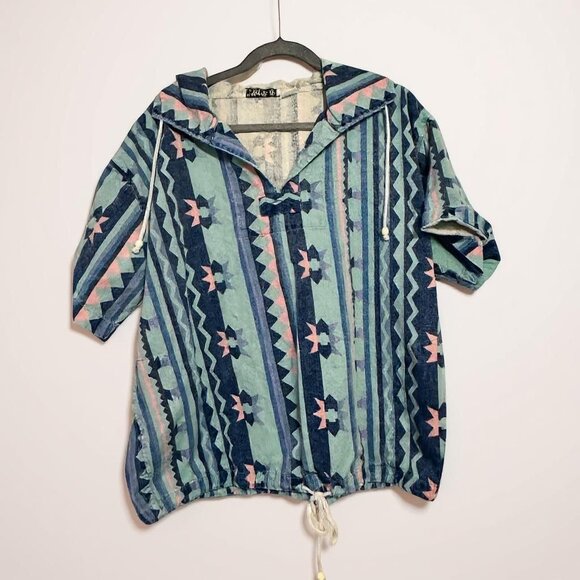 Vintage Quizz Hooded Aztec Pullover Shirt Large 1980s 100% Cotton Unisex Drawstr - Picture 1 of 8